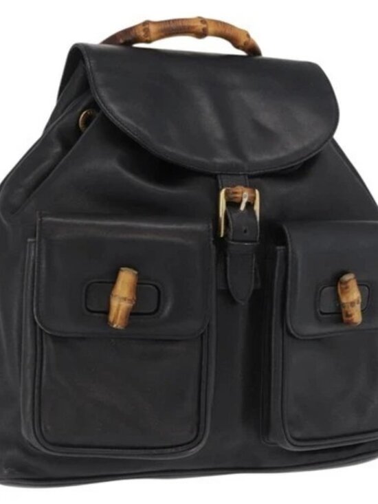 GUCCI Bamboo Backpack Leather Black Gold 003